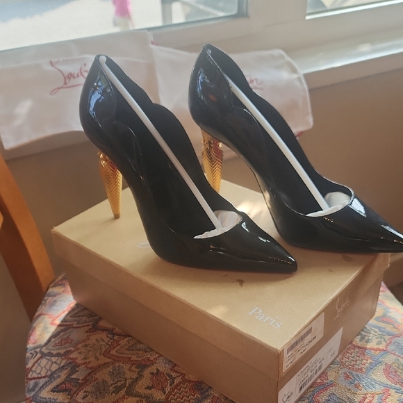 Christian Louboutin Shoes - Christian Louboutin Condorra 85 Glossy Black Heels with Gold Stiletto